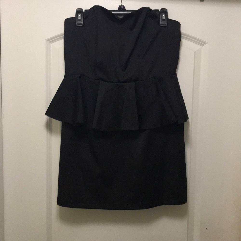 Black Satin Strapless Peplum Dress